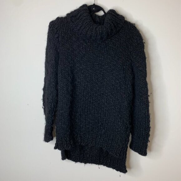Women's Wolf & Cecil Merino Wool Chunky Knit Sweater Turtleneck Black Cutout - Picture 2 of 16